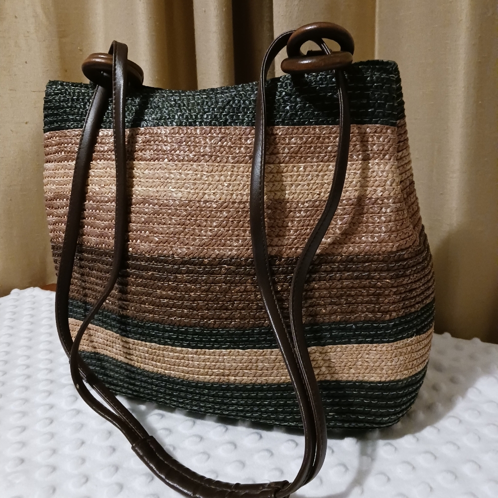 Woven Straw Tote Bag with Dark Green & Brown Stripes